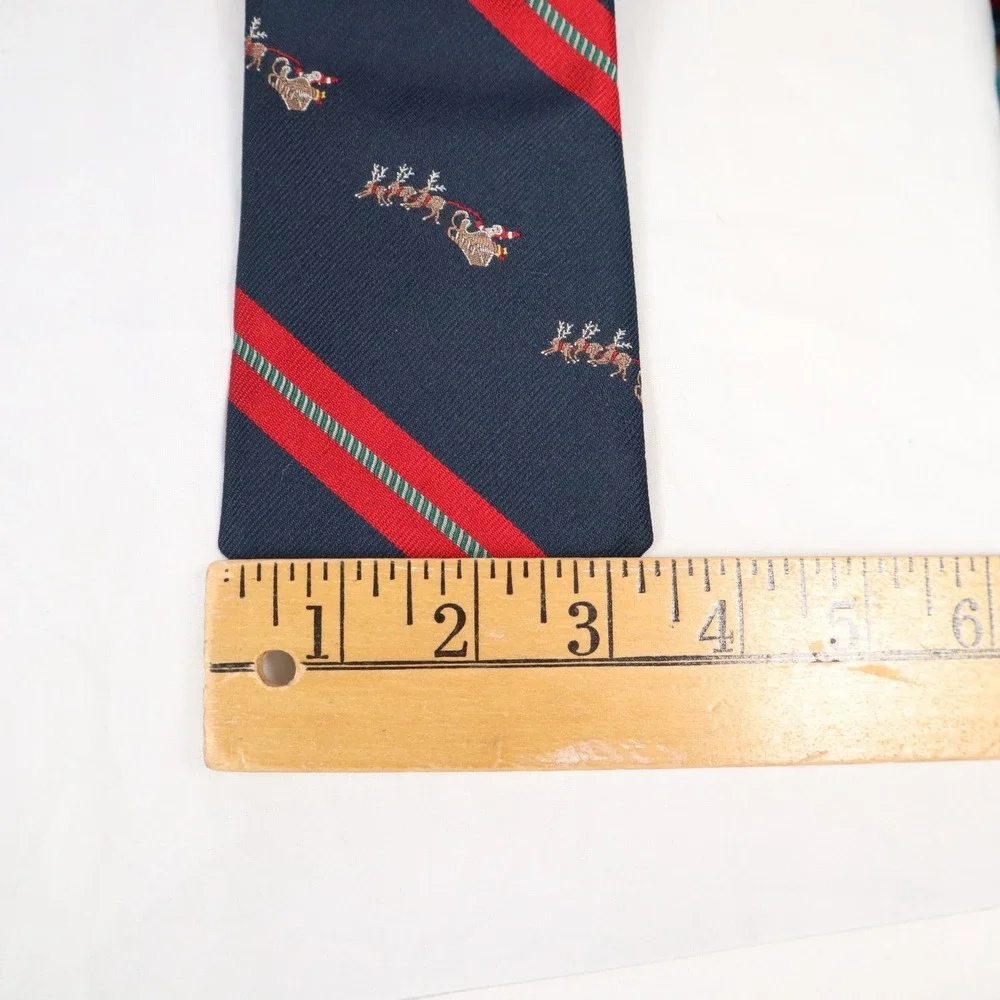 Lands End Silk Repp Tie Navy Santa Sleigh Reindeer Christmas Stripe‎ USA Made